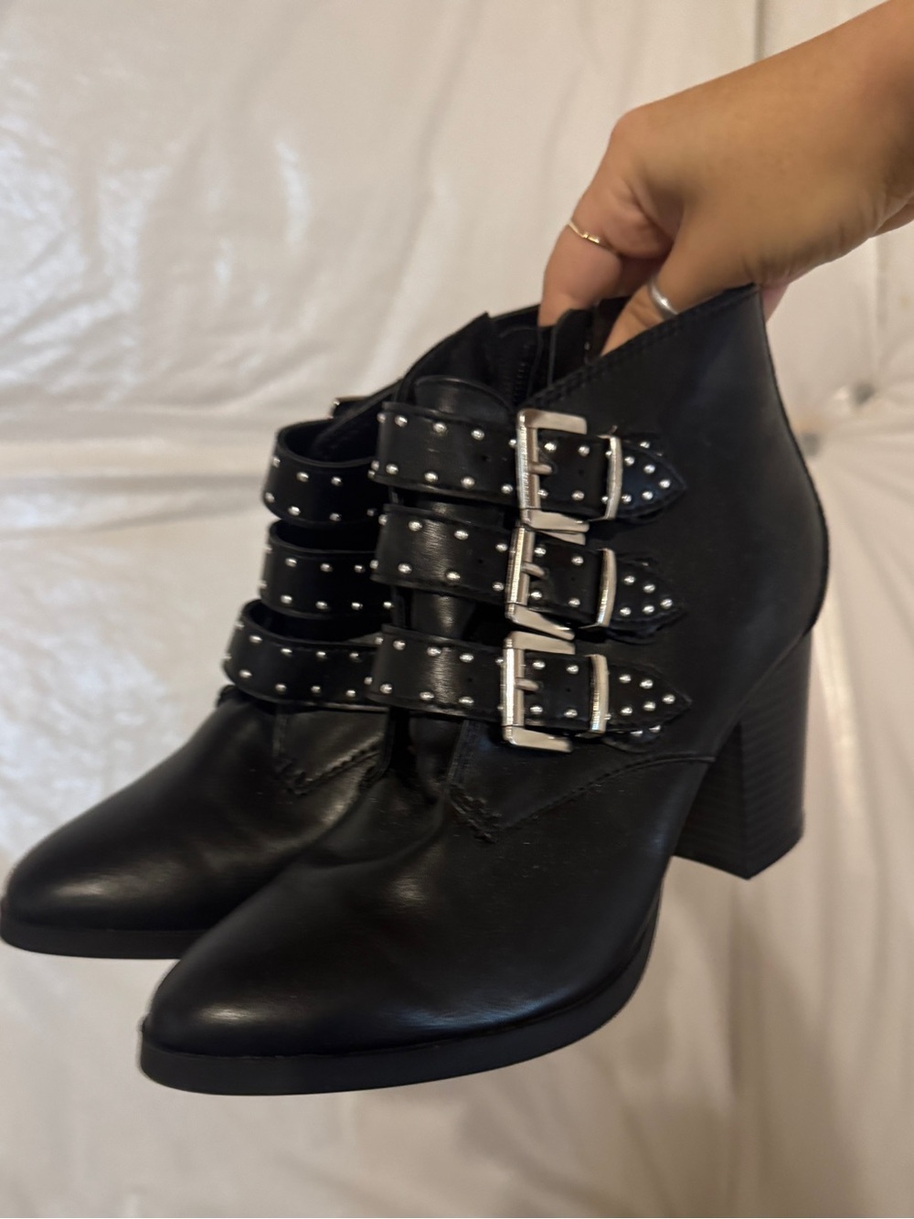 Madden Girl Black Studded Triple-Buckle Ankle Booties